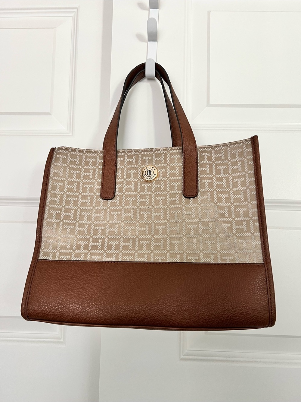 Tommy Hilfiger Brown and Beige Logo Canvas Tote